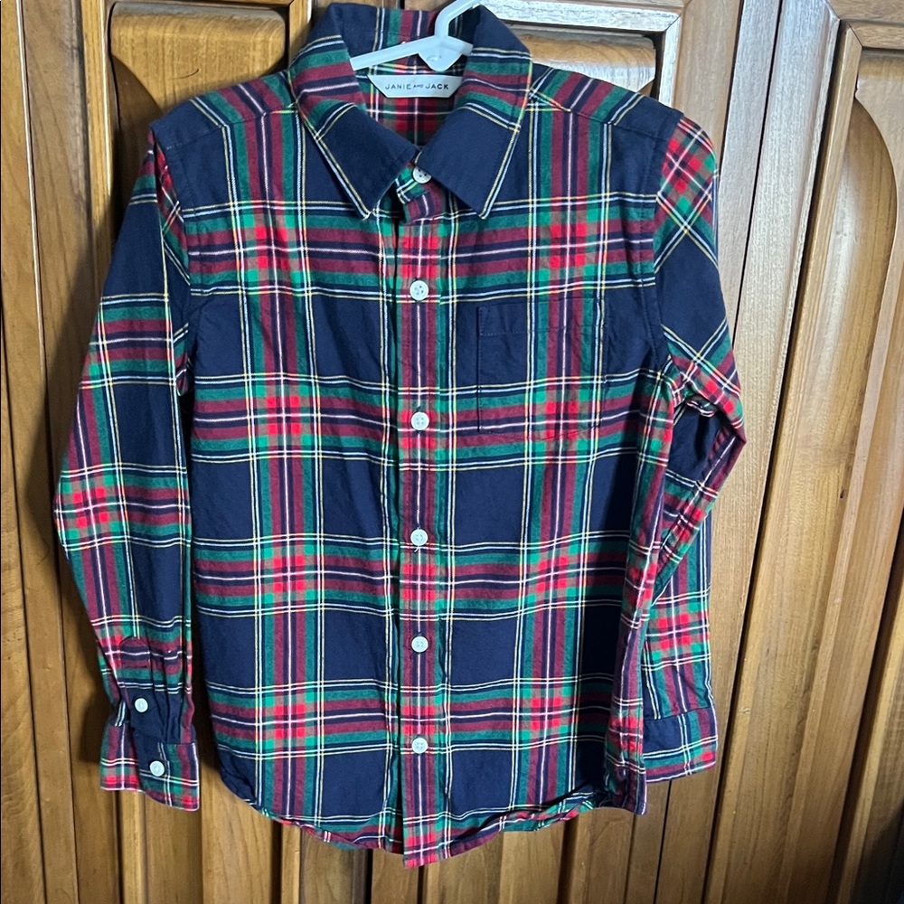 Janie and Jack Boys Flannel Holiday Christmas Plaid Tartan Shirt Blue Red Green